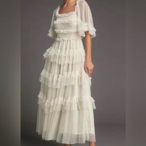 J.ING Beige Swiss Dot Mesh Ruffle
Tiered Midi Dress in size s